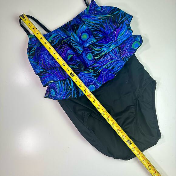 Robby Len Women's 16 One Piece Peacock Print & Gold Ruffled One Piece Swimsuit - Picture 8 of 8